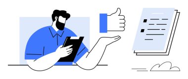 Elleri havada bir pano, başparmakları havada bir simge ve listeyi gören bir adam var. Takım çalışması, onay, iş stratejisi, hedef belirleme, organizasyon verimliliği ve karar verme için ideal. Basit.