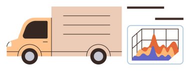 Renkli analitik çizelgesinin yanında istatiksel verileri gösteren bir kargo kamyonu. Lojistik, tedarik zinciri, nakliye, veri güdümlü içgörü, ulaşım, iş verimliliği, basit düz ev