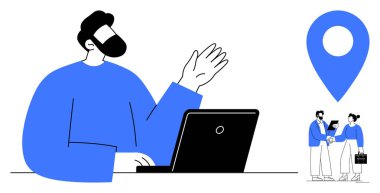 Adam dizüstü bilgisayar kullanırken hareketler yapıyor, tartışan bir grup ve yer belirleyici ile aynı hizada. Takım çalışması için ideal, çevrimiçi toplantılar, iş, ağ oluşturma, uzaktan çalışma, işbirliği, basit düz metafor