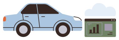 Veri analiz paneli ve bulut simgesinin yanındaki mavi araba. Teknoloji, yenilik, IOT, ulaşım, bulut hesaplama, araç izleme ve otomasyon için idealdir. Basit düz metafor