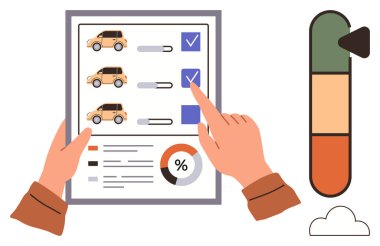 Kontrol işaretleri ve çubuk grafiğiyle kontrol listesindeki araç seçeneklerini gözden geçiren eller. Yanında bir yakıt ya da performans ölçer var. Karar verme, değerlendirme, veri analizi, performans takibi ve otomobil için ideal
