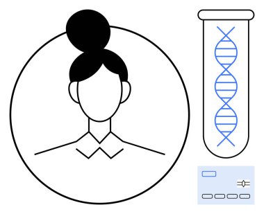 DNA dolu bir test tüpü ve genetik işaretleyicilerin yanındaki kadın profili. Biyoteknoloji, genetik, DNA testi, sağlık teşhisi, tıbbi araştırma, biyoenformatik ve bilim için ideal