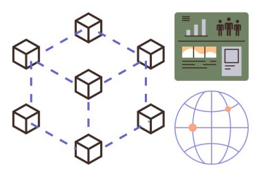 Birbirine bağlı küpler bir engelleme ağı, grafik ve grafiklerle analitik gösterge paneli ve etkinliği gösteren küresel bir harita oluşturuyorlar. Engelleme zinciri, veri yönetimi, teknoloji ve analitik için ideal