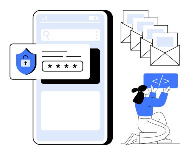 Güvenli giriş ekranı olan akıllı telefon, kilit kalkanı, bir kodlama ögesi tutan geliştirici ve e- posta simgeleri. Teknoloji, siber güvenlik, programlama, uygulama tasarımı, veri koruması web geliştirmesi için ideal