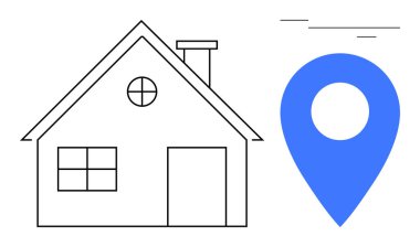 Büyük mavi bir lokasyon iğnesinin yanında basit bir ev çizgisi. Gayrimenkul, navigasyon, mülk arama, ev hizmetleri, taşınma, yerel işletme veya konum belirleme konuları için ideal. Düz basit metafor