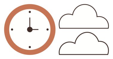 Kalın elli ve noktalı işaretli kahverengi yuvarlak duvar saati, iki çizgili bulut şekliyle eşleştirilmiş. Zaman yönetimi, hava durumu, planlama, basitlik, minimalizm, dekor, bulut hesaplama için ideal