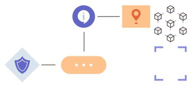 Kalkan, bilgi simgesi, lokasyon pimi ve ağlara bağlı küpleri içeren veri akışı diyagramı. Teknoloji, siber güvenlik, lojistik, iletişim, süreç otomasyon sistemi entegrasyonu için ideal