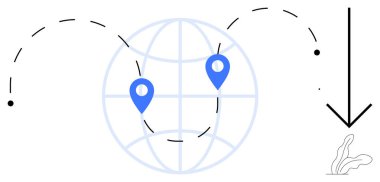 Kesik yollarla birbirine bağlı iki mavi harita iğnesi olan dünya, yönü gösteren büyük bir ok. Seyahat için ideal, lojistik, keşif, küresel bağlantı, yön, konum izleme, basit düz