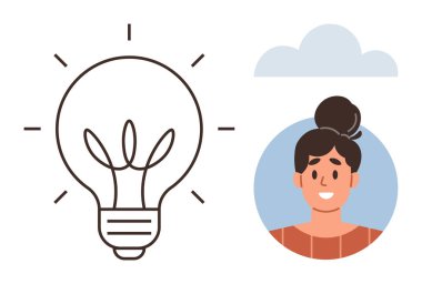 Hafif bulutların altında gülümseyen kadın portresinin yanında parlak çizgiler saçan ampul. Basit bir şekilde yaratıcılık, yenilik, fikirler, takım çalışması, liderlik, ilham ve eğitim kavramları için ideal