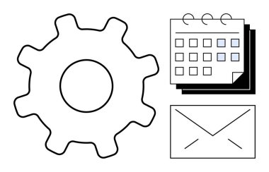 İlerleme için vites, planlama için takvim ve iletişim için zarf. Üretkenlik, organizasyon, zaman yönetimi, takım çalışması, iş akışı stratejisi koordinasyonu için idealdir. Basit düz metafor