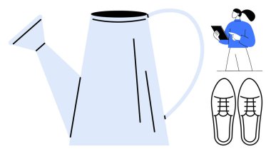 İnce çizgileri olan bir sulama kutusu, tablet tutan bir kadın ve bir çift resmi ayakkabı. Bahçe işleri, yaşam tarzı, modern tasarım, ev dekorasyonu, üretkenlik, minimalizm için ideal