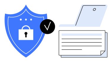 Veri güvenliğini, belge doğrulamasını ve mahremiyeti temsil eden kilit sembollü, işaretli ve yazıcılı bir kalkan. Siber güvenlik, veri koruması, uyum, gizlilik iş onayı için ideal