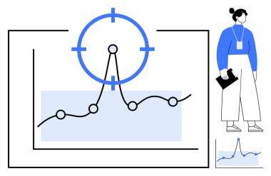 Çizgi çizelgesi, veri noktaları, hedef göstergesi ve profesyonel figürlü diyagram. Analiz, iş stratejisi, veri yönetimi, hedef izleme, pazar içgörüleri araştırması için ideal