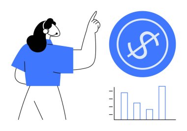 Kulaklık takmış bir kadın, dolar ikonu ve bar tablosuna karşı finansal büyümeyi temsil ediyor. Finans, yatırım, ekonomi, analitik, müşteri desteği, eğitim ve dijital pazarlama için ideal. A