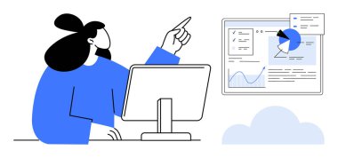 Bilgisayar masasındaki kişi ekranda analitik araçlarla veri tablolarına bakıyor. İş analizi için ideal, dijital pazarlama, eğitim, üretkenlik, iş akışı, yönetim, basit iniş sayfası