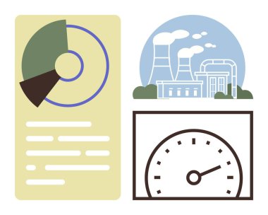 Dairesel veri tablosu, endüstriyel fabrika ve gösterge simgesi. Enerji yönetimi, endüstriyel izleme, sürdürülebilirlik, güç üretimi, veri görselleştirme verimliliği ve analiz için idealdir. Basit.