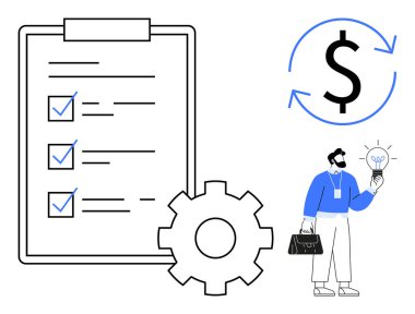 Elinde parlayan bir ampul tutan bir iş adamı. İşaretli görevleri, ekipmanları ve dolar para birimi döngüsü olan büyük bir kontrol listesi. Yenilik, strateji, üretkenlik, çözümler, yatırım verimliliği için ideal