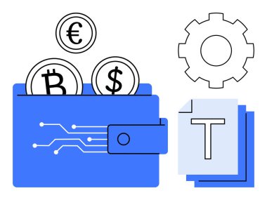 Bir teçhizat ve belgelerin yanında Bitcoin, Dolar ve Euro sikkeleri bulunan cüzdan, dijital finans, kripto para birimi, engelleme zinciri, dosya yönetimi, fintech, otomasyon ve basit bir iniş sayfasını vurguluyor