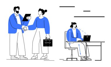 İş ikilisi, masadaki dizüstü bilgisayarda çalışan kadının belgelerini incelerken el sıkışıyor. Basit bir iniş için takım çalışması, müzakere, profesyonellik, üretkenlik, çalışma alanı ve minimal tasarım için ideal