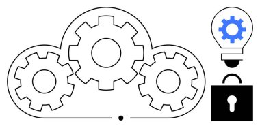 Bulutun içindeki dişliler, teçhizatlı bir ampul ve kilit dijital yenilikleri, güvenli sistemleri ve iş akışını gösteriyor. Teknoloji, bulut depolama, siber güvenlik, yenilik süreci verileri için ideal