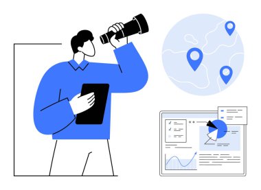 Teleskop ve tabletli bir adam konum işaretleyicileriyle küresel haritayı inceler, bir torpido gözündeki verileri analiz eder. Keşif için ideal, analitik, navigasyon, strateji, araştırma, planlama, basit iniş sayfası