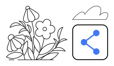 Bulut ve dijital bağlantı ikonunun yanında stilize çiçek aranjmanı. Sürdürülebilirlik, teknoloji, doğa entegrasyonu, eko-bağlantı, yenilik, çevre dostu tasarım, basit