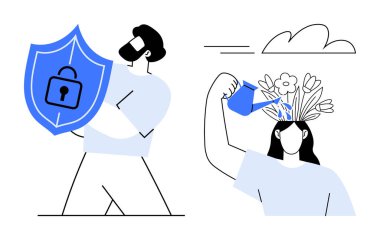 Elinde kilit sembolü olan bir kalkan tutan adam ve kafasından çiçekleri sulayan kadın. Güvenlik, kişisel gelişim, akıl sağlığı, yaratıcılık, farkındalık, koruma, dönüşüm için idealdir. A