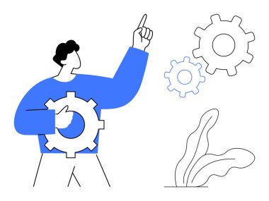 Diğer dişlilere işaret ederken vites tutan kişi takım çalışmasını, yeniliği ve optimizasyonu sembolize eder. Yaratıcılık, iş stratejisi, işbirliği, sorun çözme, mühendislik için ideal