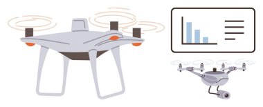 Kamera ve pervanelerle uçan kuadkopter, ekranda veri grafiği ile eşleştirildi. Teknoloji, yenilik, izleme, analiz, veri toplama, otomatik hava gözetimi için idealdir. Basit düz