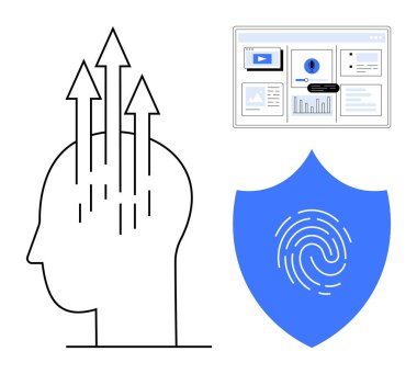 Baş yukarı doğru büyümeyi simgeleyen oklar, güvenlik için parmak izi olan bir kalkan ve veri analizi için dijital ekran. Yenilik, güvenlik, teknoloji, öğrenme, ticaret, veri için ideal