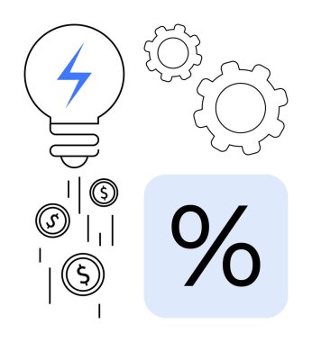 Yıldırımlı ampul, madeni paralar, dişliler ve enerji tasarrufu, verimlilik, yenilenebilir enerji, yenilik, maliyet azaltma, iş stratejisi iniş sayfasını görselleştiren yüzde sembolü