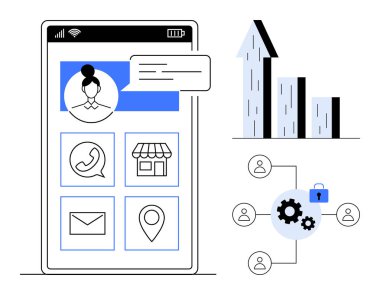 Kullanıcı profilli akıllı telefon ekranı, iletişim simgeleri, harita ve ağ güvenliği, ekipman ve grafik ögelerinin yanında alışveriş. Teknoloji, pazarlama, iş araçları, analitik iletişim için ideal
