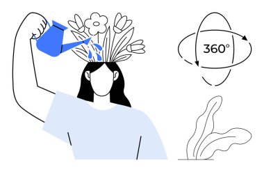 Kafasına su döken bir kadın, çiçeklerin açmasını teşvik ediyor. Yakınlarda, 360 derecelik bir konsept ve bitki büyümeyi, yaratıcılığı, farkındalığı ve bütünsel gelişimi gösteriyor. Kendini geliştirmek için ideal, zihinsel.