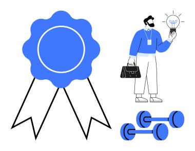 Kurdele ödülü, ampul tutan iş adamı, başarı, yenilik, fitness, motivasyon, liderlik, yaratıcılık ve başarı öneren dambıllar. İş ilerlemesi için ideal kişisel büyüme