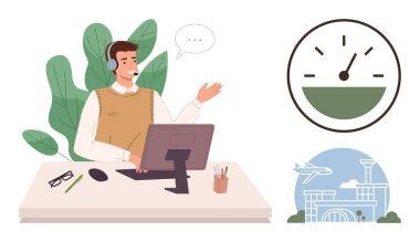 Resepsiyonda çalışan, kulaklık takan bir destek ajanı sohbete daldı. Duvar elementleri arasında zaman takibini temsil eden bir saat ve seyahati sembolize eden havaalanı görüntüleri yer alıyor. Müşteri için ideal