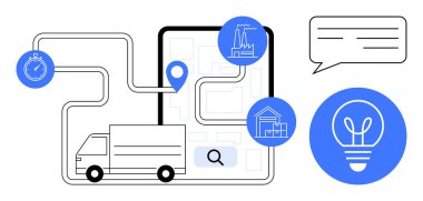 GPS destekli rota, fabrika, depo, kronometre, yenilik ampulü, sohbet balonu. Lojistik, ulaşım, iletişim yeniliği tedarik zinciri planlaması için idealdir.