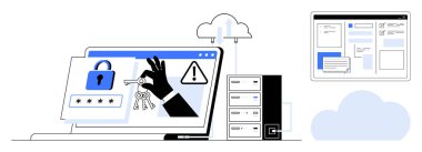 Kilitli dizüstü bilgisayar ekranında asma kilit, anahtar el simgesi, uyarı sembolü, sunucu ve bulut yedeğinin yanı sıra. Veri güvenliği, gizlilik, çevrimiçi güvenlik, şifreleme, bulut depolama bilişim çözümleri için ideal basit