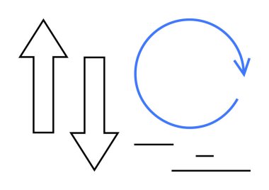 Mavi dairesel oklarla eşleştirilmiş dikey yukarı ve aşağı oklar süreçleri, yönleri veya geçişleri vurguluyor. Eşzamanlama, iş akışı, yineleme, strateji, navigasyon için ideal