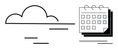 İşaretli tarihleri olan bir takvimin yanında bulut simgesi, zaman yönetimi, planlama ve çevrimiçi takvim çizimi. Dijital araçlar, iş verimliliği, bulut hesaplama, görev yönetimi, sanal