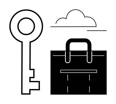 Anahtar, çanta ve bulut ana hatları erişimi, güvenliği, hareketliliği, depolamayı, iş yerini, dijital veriyi ve fırsatı sembolize eder. İş teknolojisi için ideal bulut depolama güvenliği