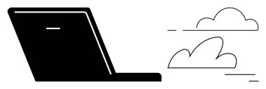 Soyut bulutların yanındaki açık dizüstü bilgisayar, uzak çalışma, bulut hesaplama ve dijital bağlantıyı vurguluyor. Teknoloji, çalışma alanı, bulut hizmetleri, iletişim, yenilik ve veri paylaşımı için ideal