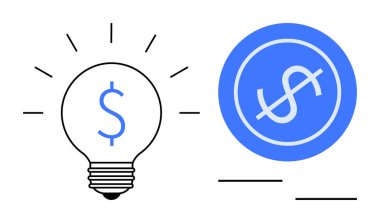 Dolar işaretli ampul yaratıcılığı ve para kazandıran fikirleri simgeliyor. Ayrıca büyümeyi vurgulayan mavi sikke. Finans, yatırım, iş stratejisi, zenginlik planlaması, girişim için ideal