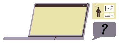 Bilgisayarı grafikleri ve bir soru işaretli konuşma balonuyla birlikte bir figür simgesini gösteren bir veri raporuyla aç. Öğrenim, eğitim, çevrimiçi eğitim, iletişim ve analitik için ideal