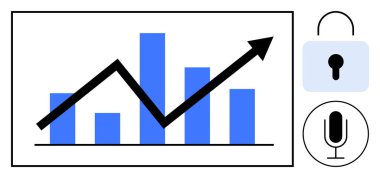Çizelge yukarı doğru eğilimi, mavi çizgileri, kilit simgesi ve mikrofonu gösteriyor. Veri güvenliği, büyüme, iş analizi, eğilim görselleştirme, fintech iletişim basit iniş sayfası için ideal