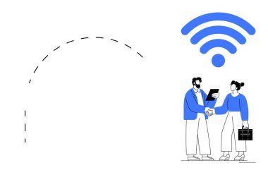 Geniş kablosuz sinyalle el sıkışan iki profesyonel dijital iletişimi, takım çalışmasını ve bağlantıyı sembolize ediyor. İş için ideal, ağ, teknoloji, işbirliği, uzak