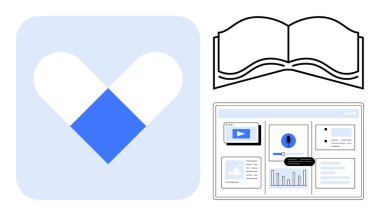 Kalp ikonu, açık kitap ve dijital öğrenme, veri, sağlık ve büyümeyi vurgulayan analitik gösterge paneli. Eğitim, yenilik teknolojisi araştırma sağlığı ve sadelik için idealdir. Modern
