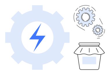 Yıldırımlı dişliler, daha küçük dişliler ve enerji, yenilik, üretim ve korunmayı sembolize eden kavanozlar. Teknoloji, verimlilik, takım çalışması sürdürülebilirlik iş akışı kaynağı için ideal