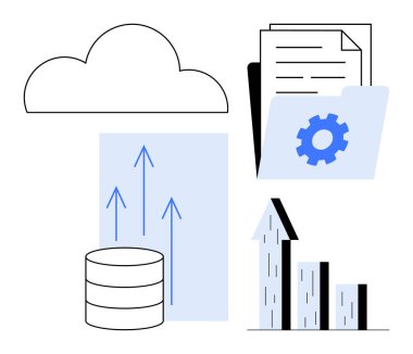 Bulut, veritabanı, yukarı çıkan oklar, bar çizelgesi, belgeler, teçhizatlı klasör. Veri yönetimi için ideal, bulut çözümleri, analitik büyüme stratejileri dosya depolama veritabanları basit iniş sayfaları