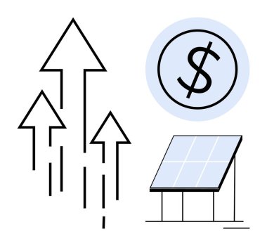 Yükselen oklar, dolar işareti ve güneş paneli büyümeyi, finansal başarıyı ve yenilenebilir enerjiyi temsil ediyor. Sürdürülebilirlik, yeşil enerji, finans, büyüme yatırım teknolojisi ve yenilik için ideal