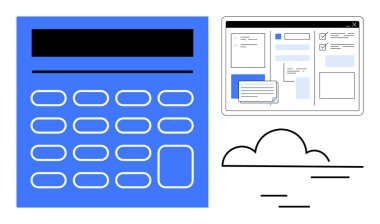 Bir bulutun yanında mavi hesap makinesi ve web arayüzü penceresi, finansal yönetimi, çevrimiçi araçları, teknoloji entegrasyonunu temsil ediyor. Finans, eğitim, bulut hesaplama ve takım çalışması için ideal